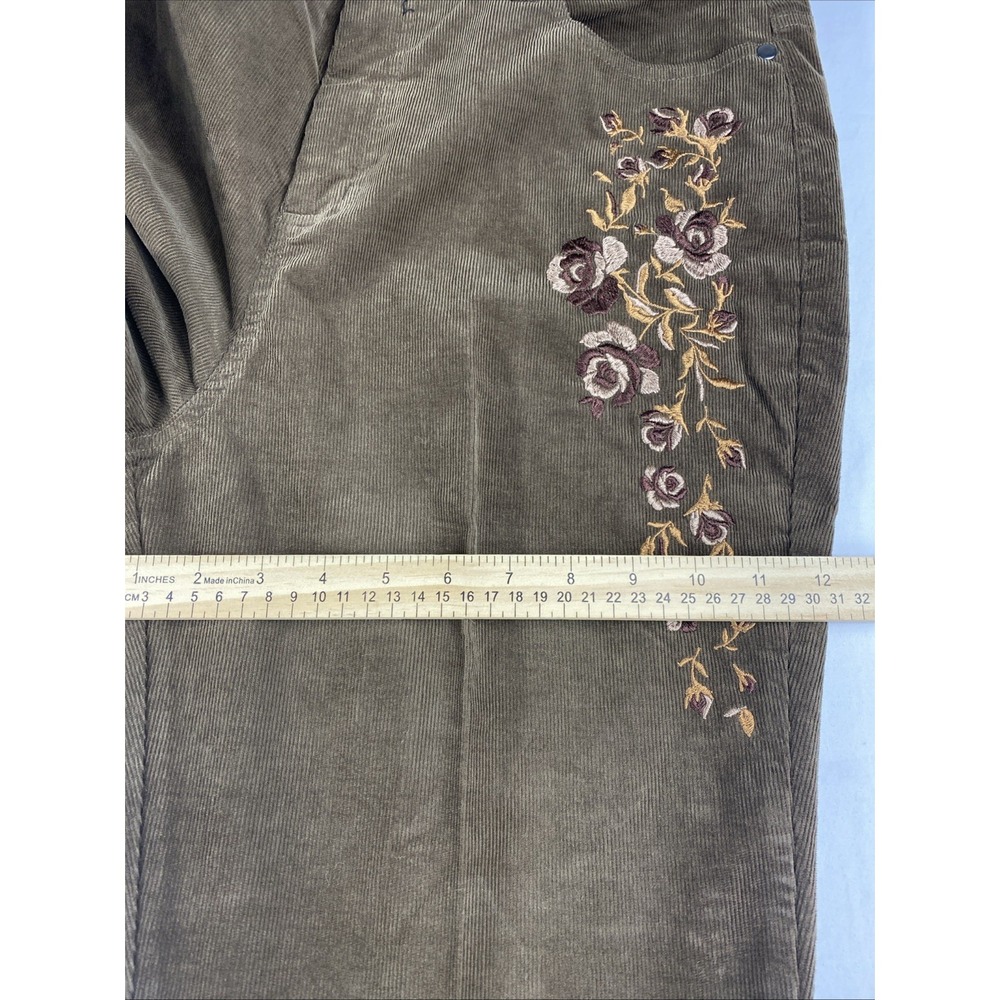 Back In The Saddle Pants Size 16 Brown Corduroy Embroidered Roses Flared Curvy - Picture 9 of 12